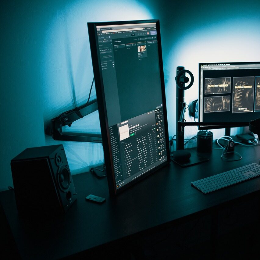 desktop, computer, work space, technology, monitors, screens, speakers, audio technology, illuminated, computer, computer, computer, computer, computer